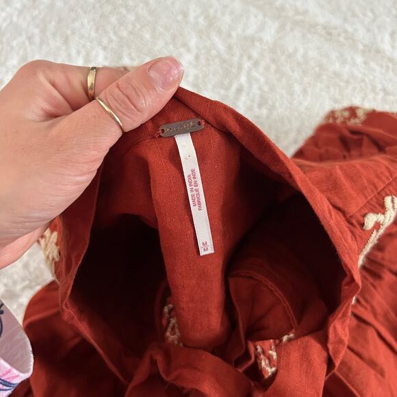 Free People Dreaming About You Tunic Boho Orange Embroidered Top Sz M Art Indie - Picture 6 of 6